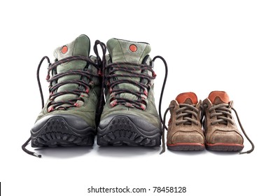 Hiking Boots Adult And Children's Shoes Isolated On White Background