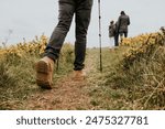 Hiking boots closeup, man trekking on hill, JPG HQ image