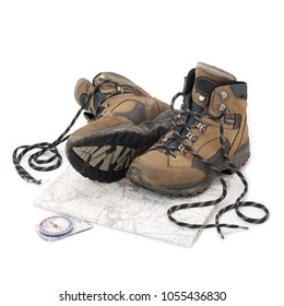 Hiking Boots, Walking Map And Compass Isolated On White Background