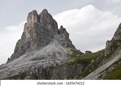 Hiking Dolomites mountains of Passo Giau. Peaks in South Tyrol in the Alps of Europe. Alpine house - Shutterstock ID 1635674212