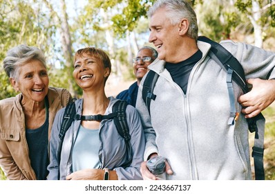 Hiking, elderly and people, happy outdoor with nature, fitness and fun in park, exercise group trekking in Boston. Diversity, friends and happiness with hike, active lifestyle motivation and senior. - Powered by Shutterstock