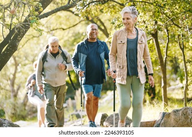 Hiking, elderly and people, happy outdoor with nature, fitness and fun in park, exercise group trekking in Boston. Diversity, friends and happiness with hike, active lifestyle motivation and senior. - Powered by Shutterstock