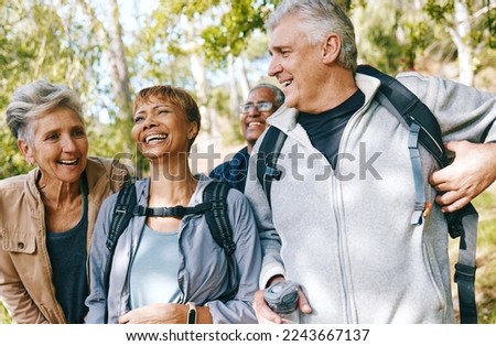 Hiking, elderly and people, happy outdoor with nature, fitness and fun in park, exercise group trekking in Boston. Diversity, friends and happiness with hike, active lifestyle motivation and senior.