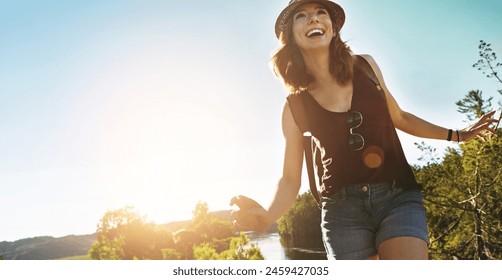 Hiking, excited and woman on mountain with lake for adventure, trekking and freedom. Travel, nature and happy person outdoors for wellness, walking and exercise on holiday, journey and vacation - Powered by Shutterstock