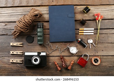 Hiking Gear On Wooden Background