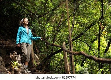 Hiking La Palma, Canary Islands. Woman Hiker Enjoying Los Tilos Laurel Rain Forest On La Palma