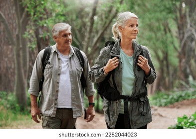 Hiking, looking and senior couple in nature for exercise, holiday walking and enjoying the mountains. Travel, retirement and an elderly man and woman on a walk in the woods or forest for trekking