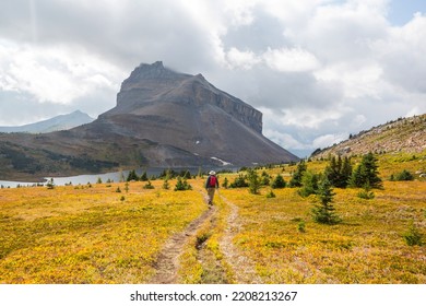 Hiking Man In Canadian Mountains. Hike Is The Popular Recreation Activity In North America. There Are A Lot Of Picturesque Trails.