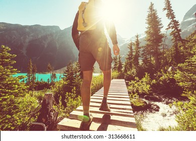 Hiking man in the mountains - Shutterstock ID 313668611