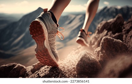 Hiking in the mountains. Female legs with sports shoes and backpack running on a trail mountain, close up