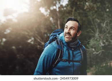 Hiking, nature and man in nature thinking with backpack for adventure, trekking and freedom. Travel, fitness and person outdoors for wellness, fresh air and exercise on holiday, journey or vacation - Powered by Shutterstock