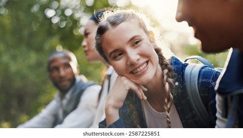 Hiking, nature and people with conversation, travel and relax with weekend break, hobby and adventure. Group, outdoor and friends with discussion, journey and fitness with smile and calm in forest