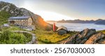 Hiking near Starkenburger hut at Stubai High Trail (Stubaier Höhenweg), one of the most beautiful high-altitude hikes in the austrian Alps, near stubai glacier and Innsbruck in summer, Tirol Austria