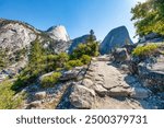 Hiking at Nevada Falls along John Muir Trail and Mist Trail, Yosemite National Park, California. USA