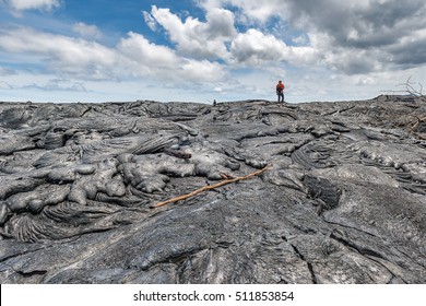 Hiking On Extremely Hot Lava Bed. Adventure Activity In Hawaii Volcanoes National Park