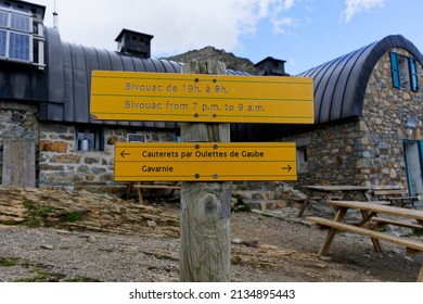 Hiking panel at the Bayssellance refuge in the French Pyrenees. - Shutterstock ID 2134895443