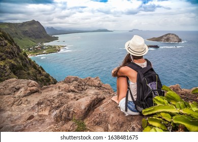 Hiking People On Hawaii. Happy Woman Enjoying Healthy Outdoor Lifestyle. Oahu Island, USA.