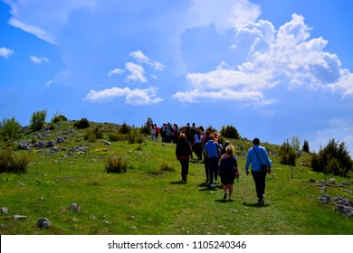 Hiking queue on mountain top