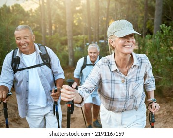 Hiking Retired, Elderly And Senior Friends Or Tourists In Forest Or Mountains For Fitness, Health And Wellness At Old Age. Diverse Group Of Active Mature Pensioners Outdoors On Weekend Hike 