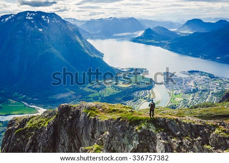Hiking ROMSDALSEGGEN RIDGE, Andalsnes City, Norway Mountain Landscape