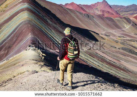 Similar – Woman on the top of the Rainbow Mountain, Peru.