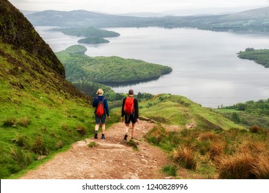 Hiking in Scotland. View from Conic hill. Lake Loch Lomond at background