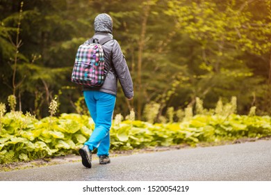 Hiking. Senior 60 Years Old Woman Hiker Smiling Walk In Autumn Forest. Active Retirement Concept