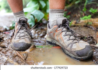 Hiking Shoes On Hiker In Water Puddle In Rainforest. Man Hikers Hike Boots In Closeup. Male Feet.