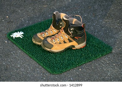 Hiking Shoes On Top Of Door Mat, Olympic National Park, WA