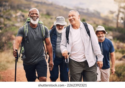 Hiking, smile and group of old men on mountain for fitness, trekking and backpacking adventure. Explorer, discovery and expedition with senior friends walking for health, retirement and journey - Powered by Shutterstock