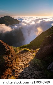 Hiking trail above clouds in mountains of Madeira - Shutterstock ID 2179343989