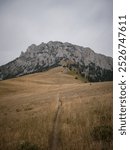 Hiking trail in Bridger Mountain range by Bozeman Montana in summer next to rock outcroppings