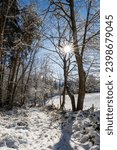 Hiking trail in the forest near Lake Lavalette in the Gorges du Lignon, under the first snows of winter