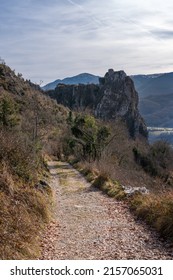 Hiking trail leading to the ruins of the Cathar castle, the Chateau de Roquefixade, in the Ariège region of France