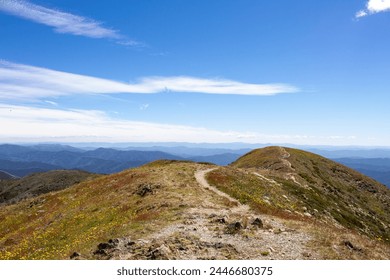 Hiking trail in the mountains on a sunny summer's day. Mount feathertop, Alpine National Park, Victoria, Australia. - Powered by Shutterstock