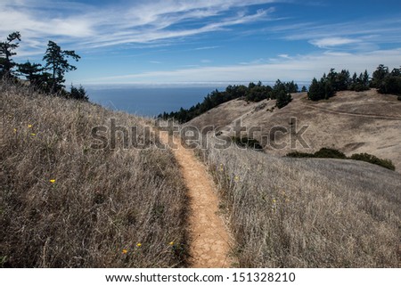 A hiking trail on Mount Tamalpais just north of San Francisco, California, in Marin, leads westward.  This area has many hiking trails used for recreation and is just above Stinson Beach.