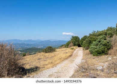 Hiking Trail In The Region Of Mont Ventoux Mountain And Dentelles De Montmirail Chain Of Mountains, Landscape Of Wine Making Region Of France, Provence, Vaucluse