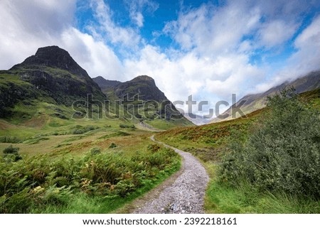 Hiking trail through the Glen Coe valley, Highlands, Scotland, Great Britain