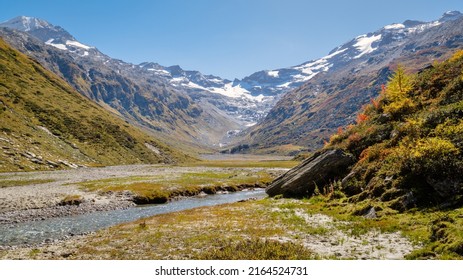 Hiking Trails In The Fex Valley (Switzerland) Offer Gorgeous Views When Walking From The Entrance Outside Sils Maria Towards Fex Glacier At The End. It's Located At An Height Of 1,800 To 2,000 Metres