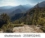 A hiking view of Lake Haiyaha trail in Estes Park at the Rocky Mountain National Park in Colorado, USA.