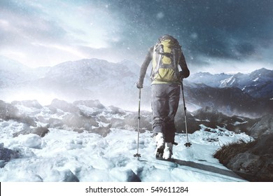 Hiking In Winter Mountains At Snowstorm