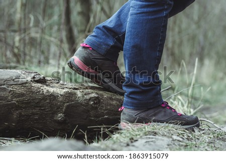 Hiking woman shoes on wood log in forest area. Close view at shoes and jeans.