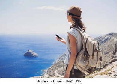 Hiking Woman Using Smart Phone, Travel And Active Lifestyle Concept