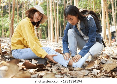 A hiking-loving Asian woman is helping her best friend who was in an accidental flipping ankle in the forest. Travelers are providing first aid to an injured traveling companion.