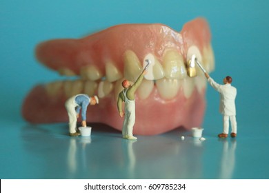 Hilarious Miniature Workers Performing Dental Procedures. Dental Office Art.