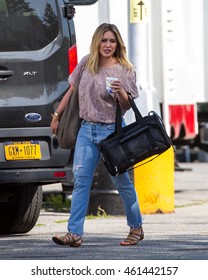 Hilary Duff Is Seen On Location For TV Show 'Younger' On July 31, 2016 In New York City.