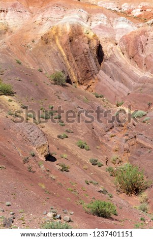 Hill of clay of different shades in the area called Martian landscape, Kyzyl-Chin valley, Chui steppe, Altai Republic