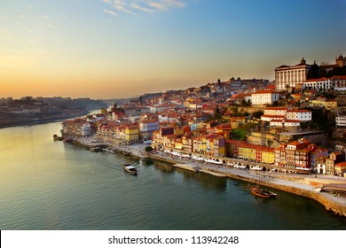 hill with old town of  Porto and river Douro at sunset, Portugal