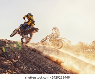 Hill, racer and motorcycle in action for competition on dirt road with performance, challenge and adventure. Motocross, motorbike and dirtbike driver with stunt on offroad course and path for racing
