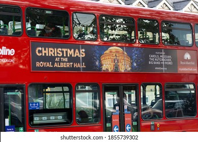 Hillingdon, Middlesex / UK - November 17th 2020 : Advert For Christmas Performances At The Royal Albert Hall As Seen On The Side Of A Red Bus